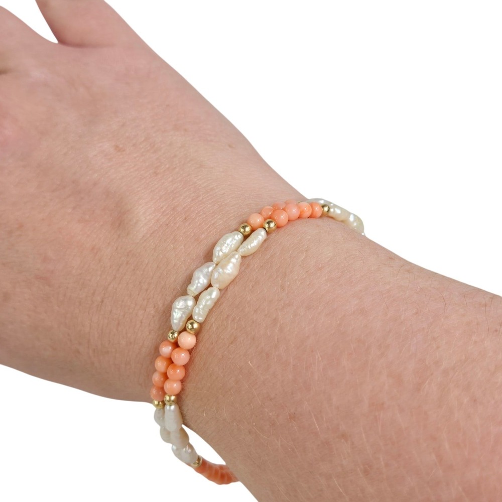 14k Solid Gold Baroque Fresh Water Pearl‎ & Angel Skin Coral Beads Bracelet 8" - Picture 2 of 11